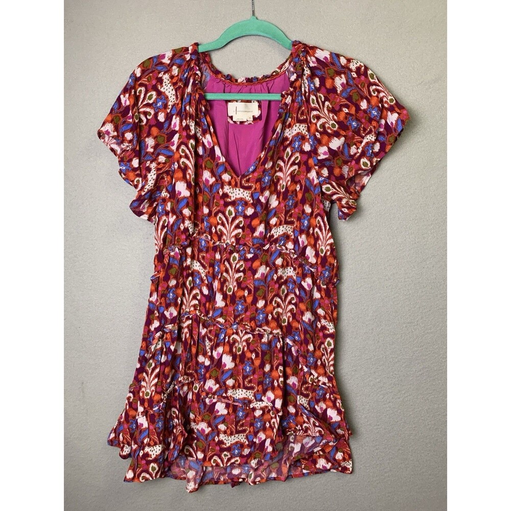 Anthropologie Dress Womans Sz S Tiered Mini Ikat Tiger Print Boho V Neck Hi Lo